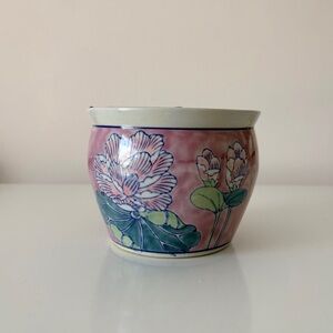 Vintage Chinoiserie Porcelain Ceramic Fish Bowl Planter Pot Pink & Blue Floral